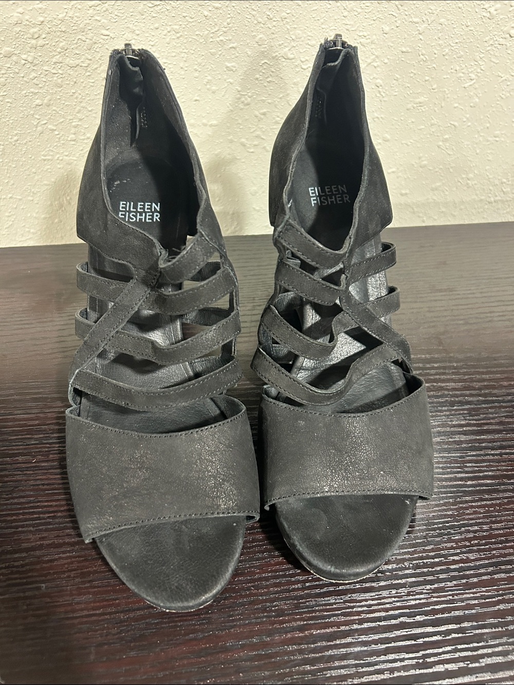 Eileen Fisher Black Suede Strappy Open-Toe Heels
